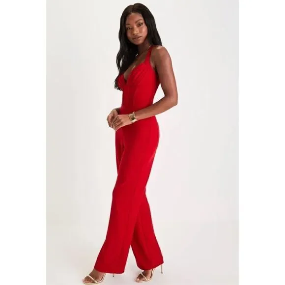 Lulus Modern Diva Red Pleated Sleeveless Bustier Jumpsuit Size M - Picture 3 of 11
